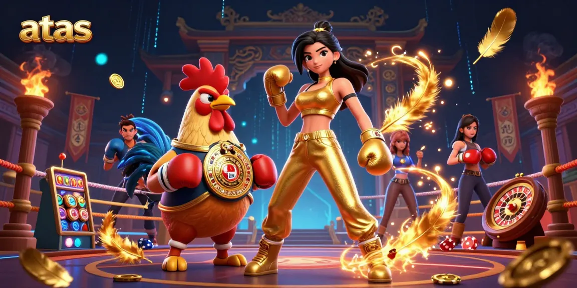 Experience excitement at ATAS Casino with vibrant characters, gold coins, and dynamic gaming elements.