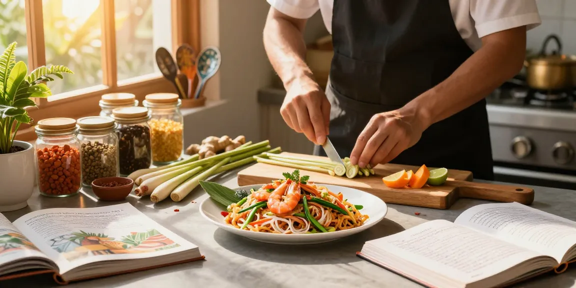 Preparing colorful Pad Thai with fresh ingredients and herbs in a vibrant Thai kitchen, showcasing the keyword สล็อต.