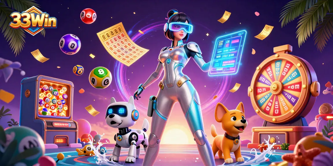Experience thrilling moments with 33Win as lottery balls and bingo cards float in a vibrant casino scene.