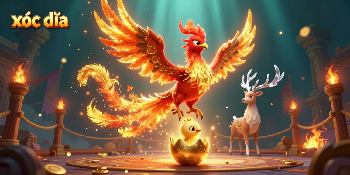 Engage in the thrilling xóc đĩa game with vibrant phoenix and mystical stag in a captivating 3D illustration.