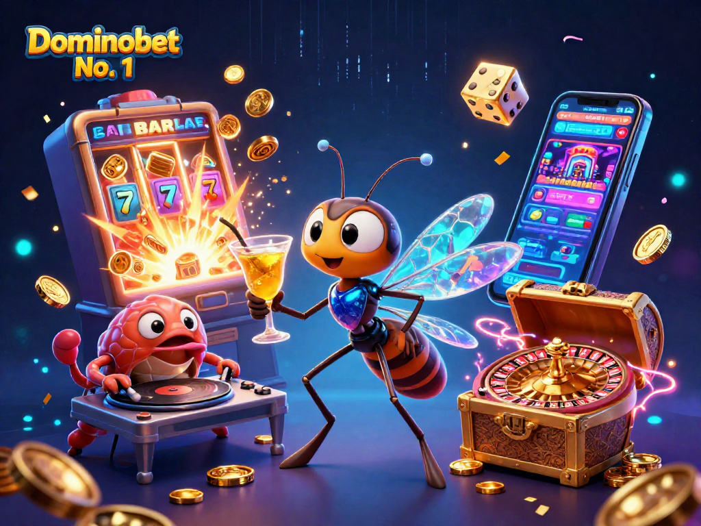 Experience the thrill of Dominobet No. 1 poker with lively casino characters and vibrant game elements.