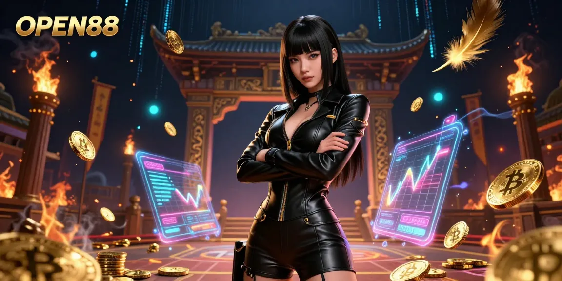OPEN88 sports betting scene featuring golden Bitcoin coins, Asian woman with striking outfit amidst gambling elements.
