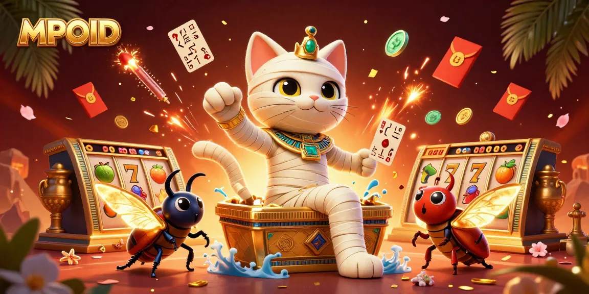 MPOID showcases a lively casino scene featuring a mummy cat and scarab beetle amidst slot reels, enticing players to win big.