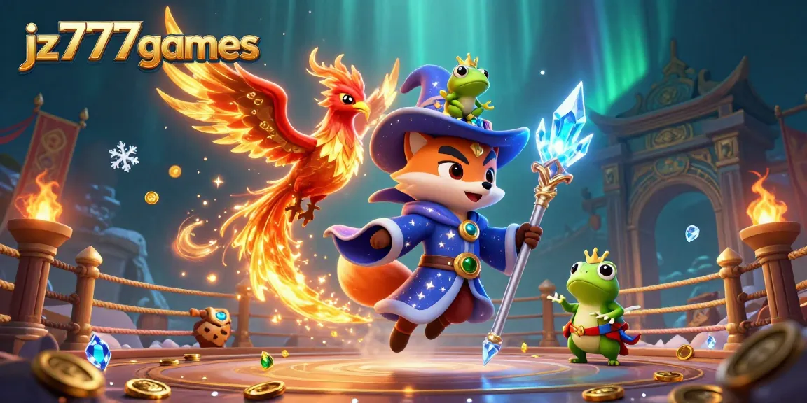 Experience the magic of jz777games with a wizard fox, phoenix, and enchanting themes in this vibrant casino illustration.