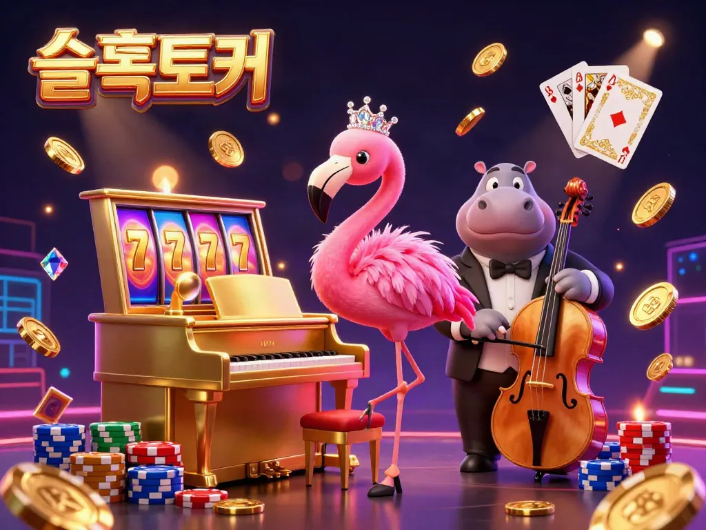 슬롯토커의 3D 캐릭터들이 슬롯 머신을 돌리며 황금 코인을 쏟아내는 화려한 장면.