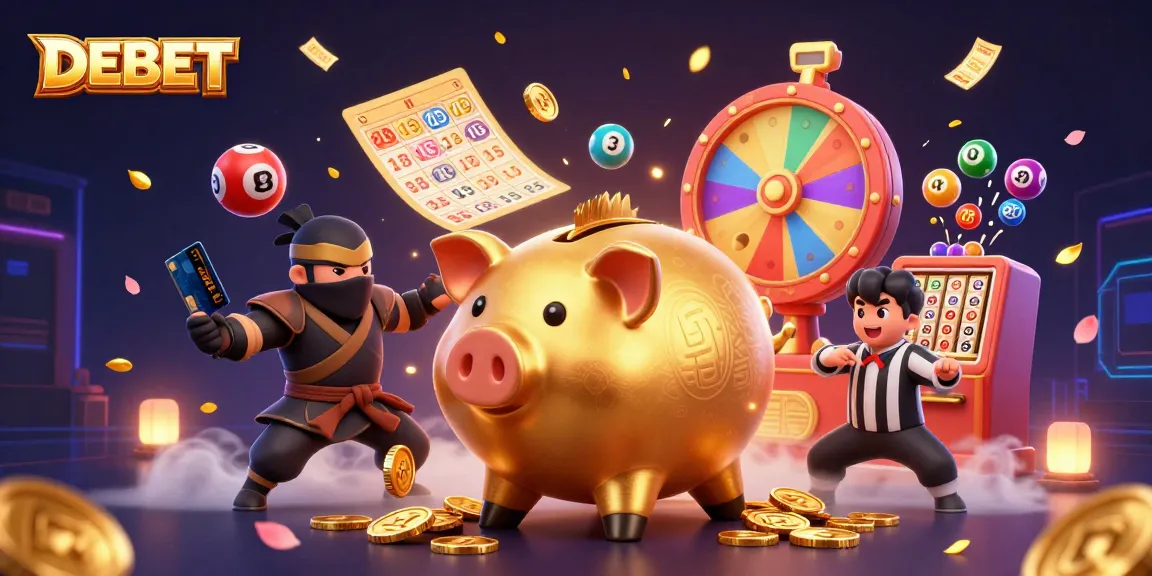 Engage with DEBET in a lively scene showcasing a golden piggy bank warrior, vibrant casino elements, and excitement.