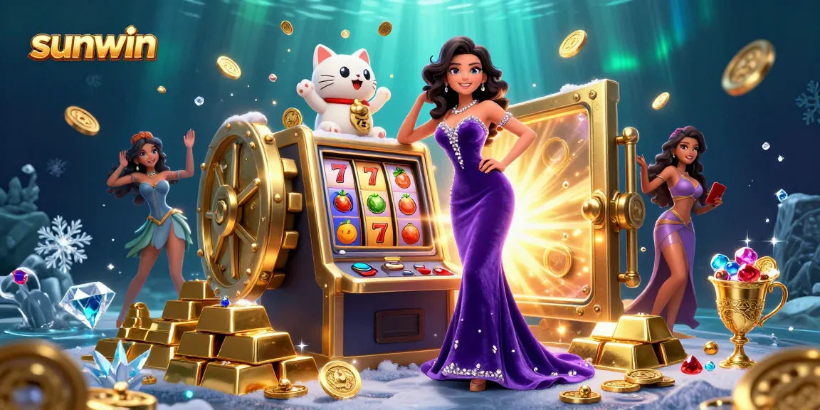 Experience the excitement of sunwin with a glamorous woman at a jackpot slot surrounded by treasures!