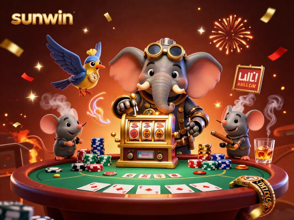 Experience thrilling casino action with sunwin in this vibrant steampunk-themed illustration.