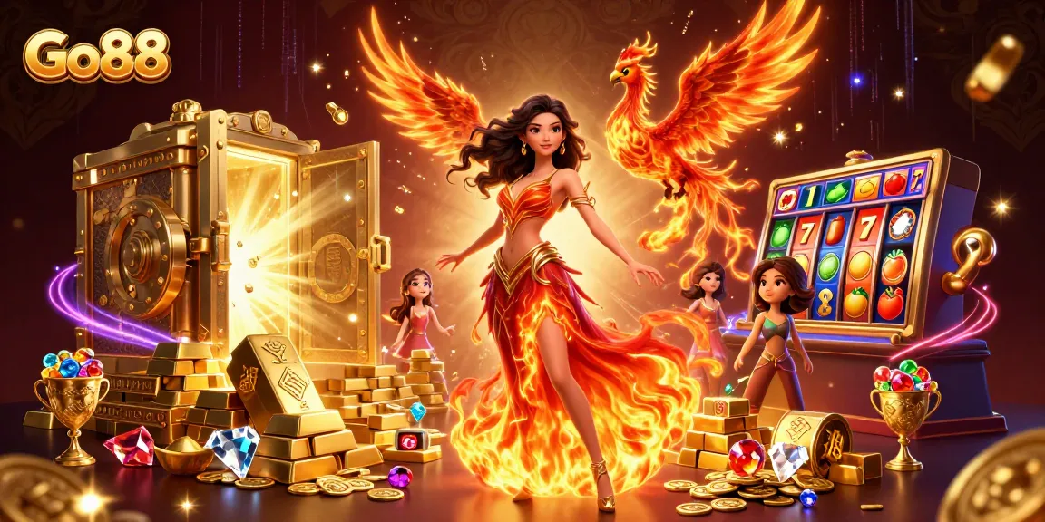 Go88 ignites excitement with fiery casino elements and stunning graphics in this vibrant digital illustration.