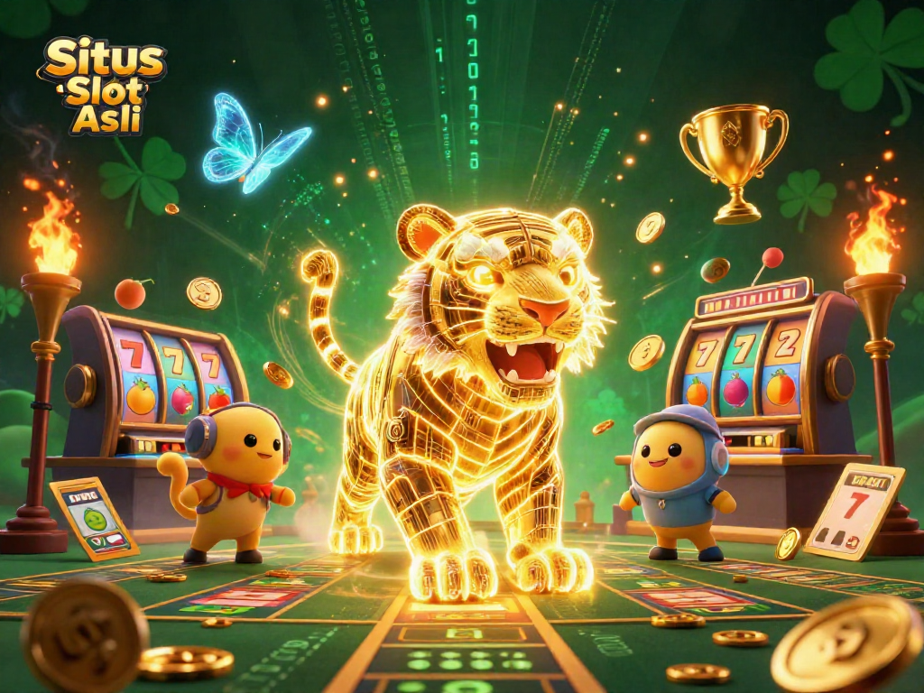 Experience exhilarating gameplay with Situs Slot Asli's vibrant digital casino, showcasing a neon tiger and dynamic elements.