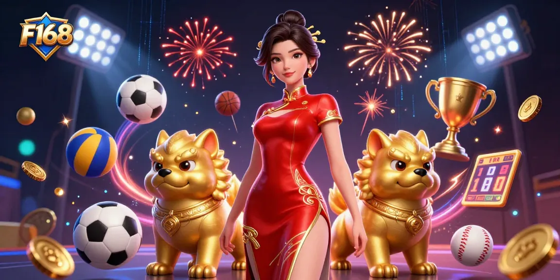 Experience F168's dynamic gaming world featuring an elegant woman amidst sports and celebrations.