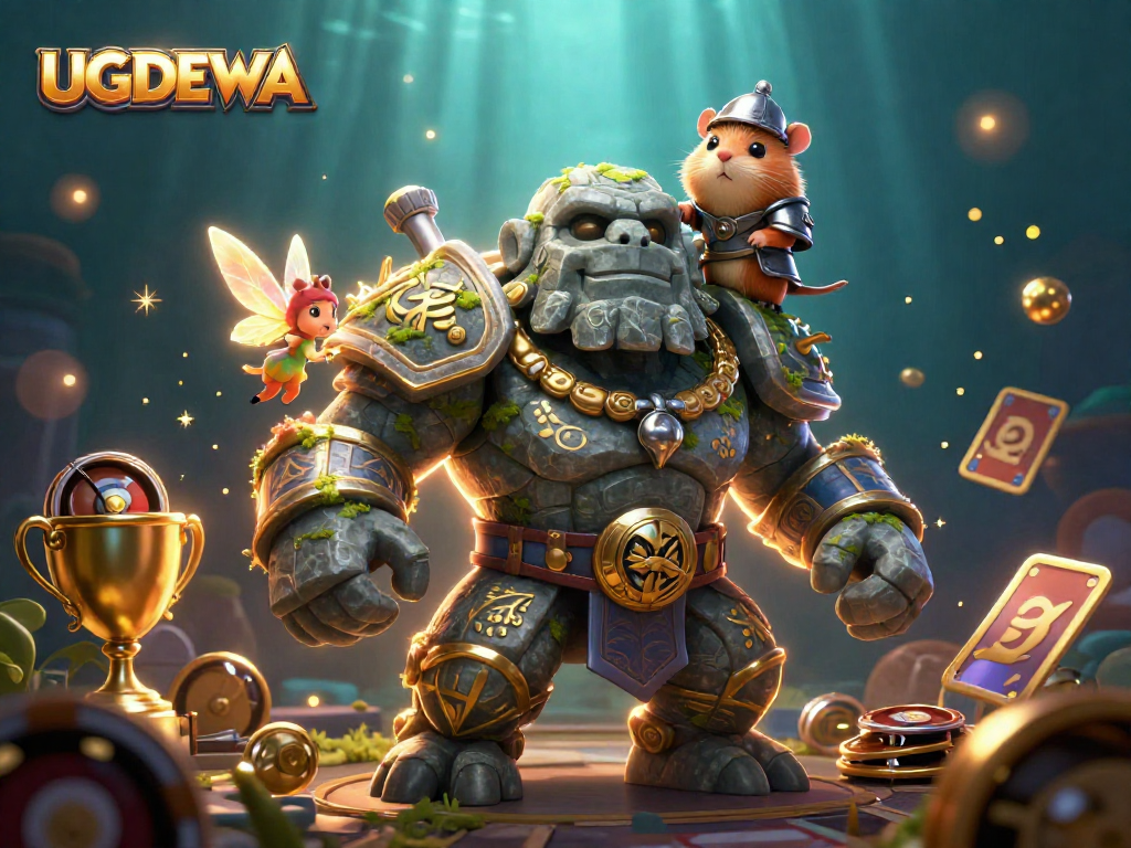 Engage in thrilling gaming adventures with UGDEWA's magical golem guardian and vibrant casino elements.