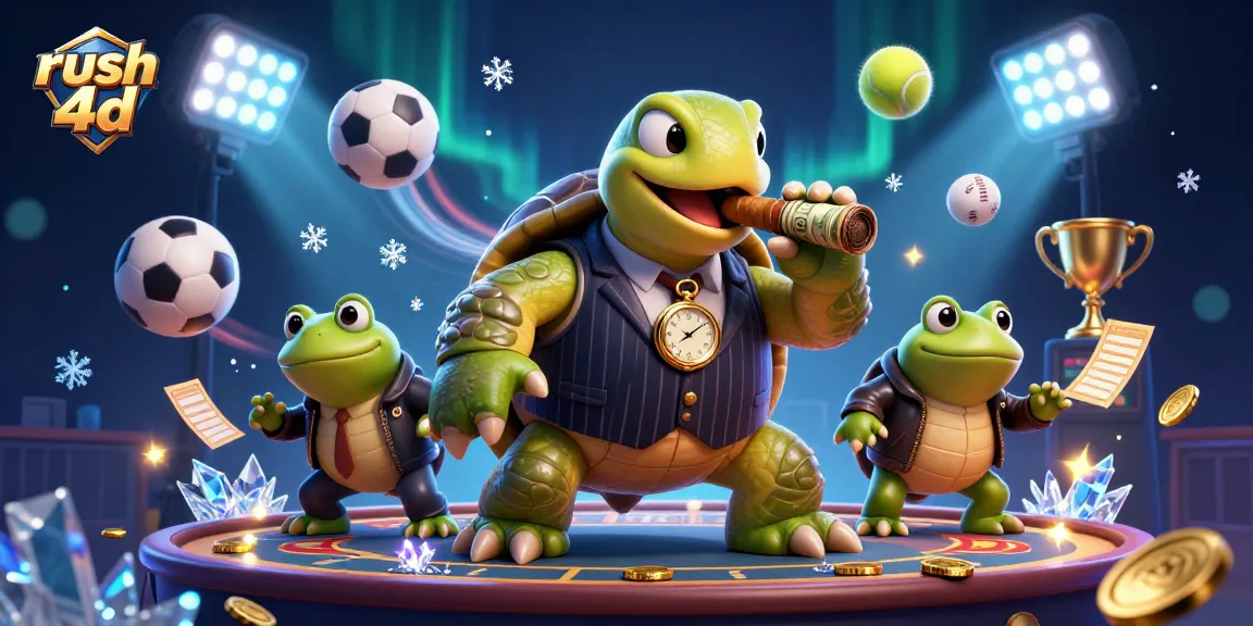 Permainan rush 4d: Kura-kura kartun dengan kostum mafia dan penegak bullfrog di kasino yang gemerlap.