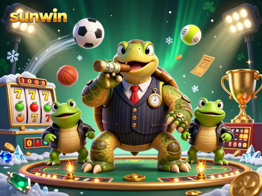 Win big with sunwin showcasing a 3D turtle mobster and dynamic casino elements