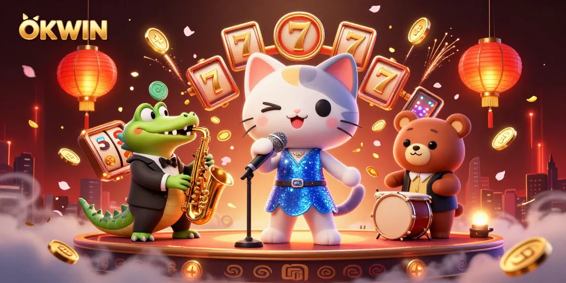 Experience the excitement of OKWIN with a vibrant casino scene featuring a jazz-singer cat, saxophone crocodile, and drum-playing bear.