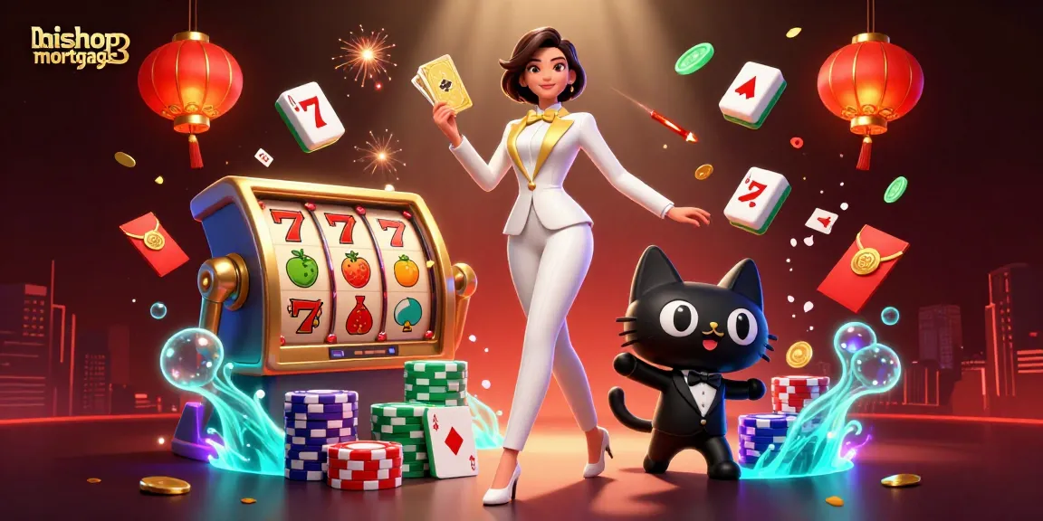 Experience the thrill of gaming with bishopmortgages as a glamorous woman shuffles cards beside a tuxedo cat amidst vibrant casino elements.
