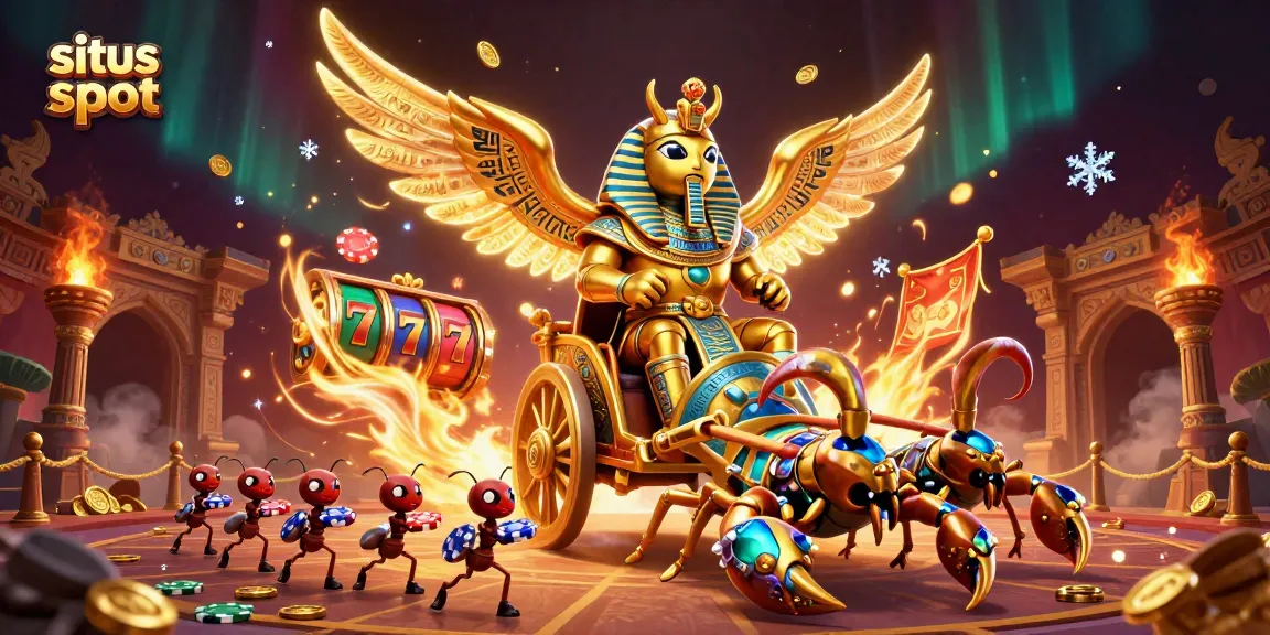 Experience thrilling wins at situs slot with a gold scarab beetle amidst dynamic slot reels.