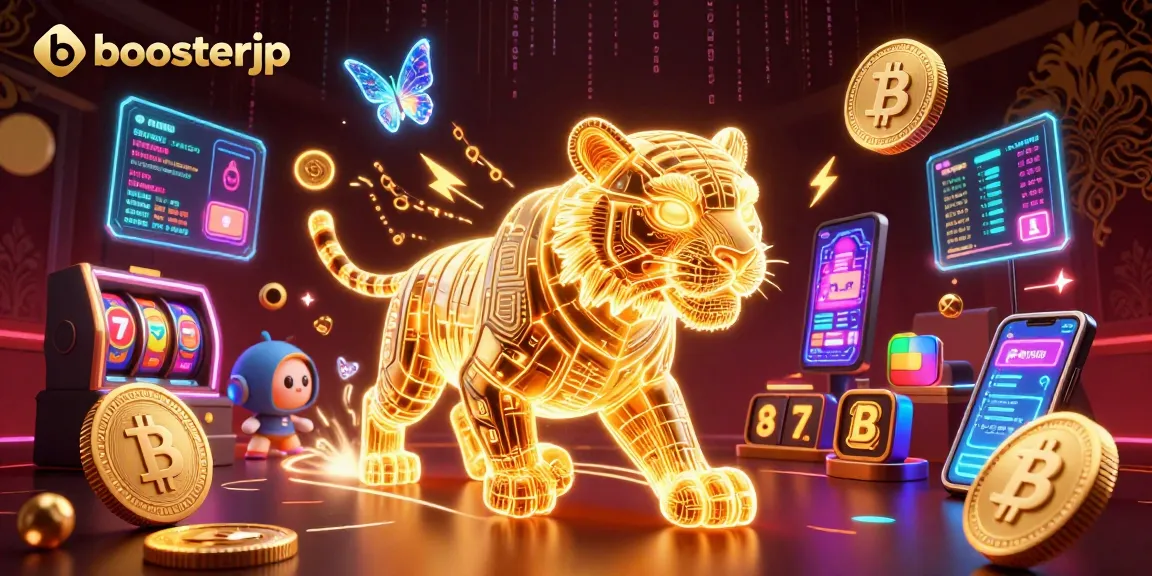 Engage with boosterjp and experience thrilling slot games in a dynamic casino-themed illustration