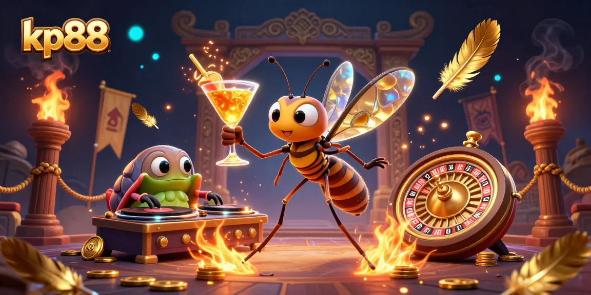 Experience the thrill of kp88 with a vibrant casino scene featuring a mosquito mascot and a trilobite DJ.
