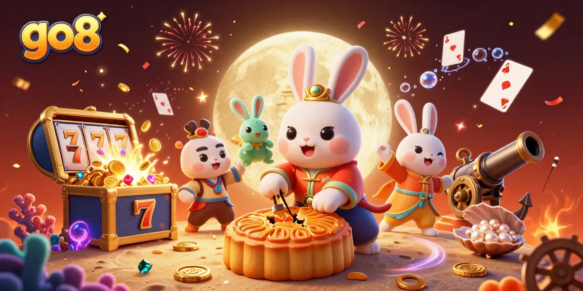 go8 players are surrounded by vivid slot machines and lucky charms in a magical moonlit scene