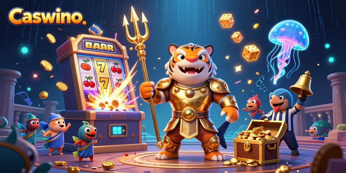 Experience the Caswino casino thrill with a dynamic underwater scene featuring a fierce shark, jackpot symbols, and vibrant effects.