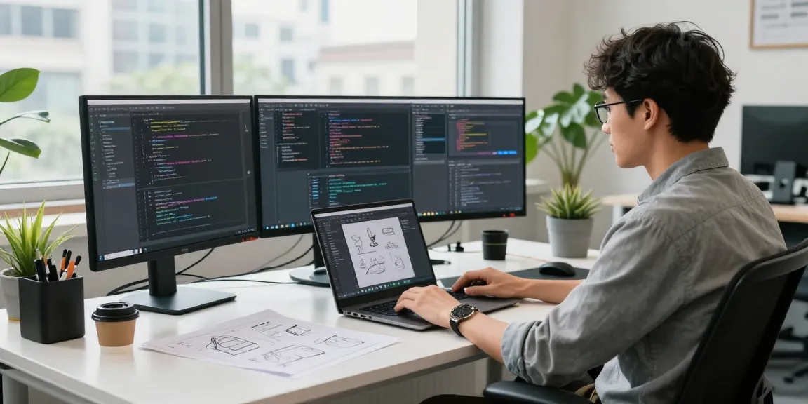 Developer working on cermin303 project in a modern tech workspace with multiple screens and natural light.