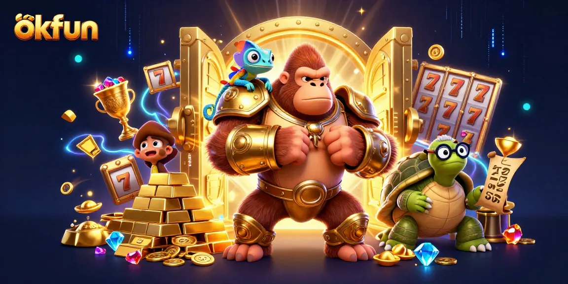Engage in thrilling casino action with okfun featuring a gorilla king, chameleon, and tortoise elder in a vibrant 3D scene.