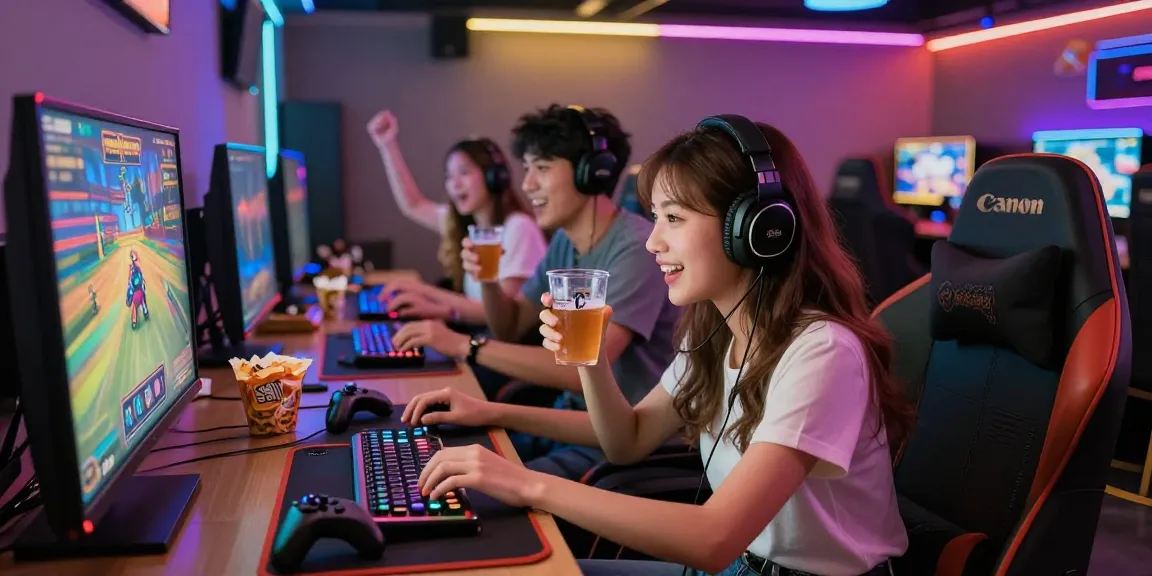 Exciting group of friends enjoying สล็อต games in a vibrant lounge atmosphere with colorful lighting and dynamic visuals.