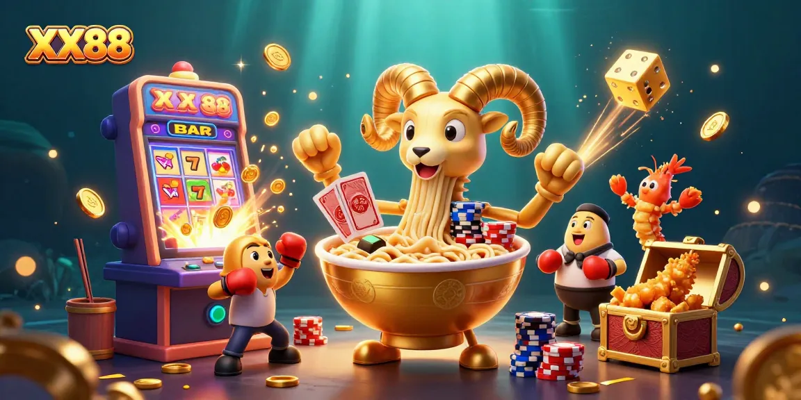 Engage in dynamic gaming action at XX88 with vibrant 3D elements featuring a golden ramen bowl and slot machine themes.