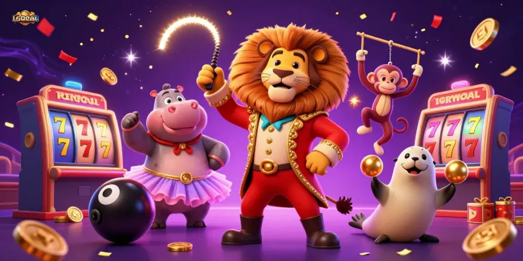 Experience the thrill of LGOGOAL in this dynamic casino illustration, showcasing vibrant slots and energetic characters.