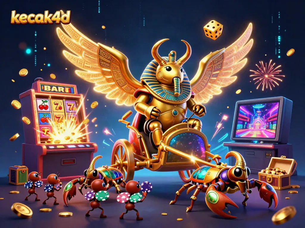 Experience exciting jackpots with kecak4d as the colossal scarab beetle triumphantly rides amidst vibrant casino elements.