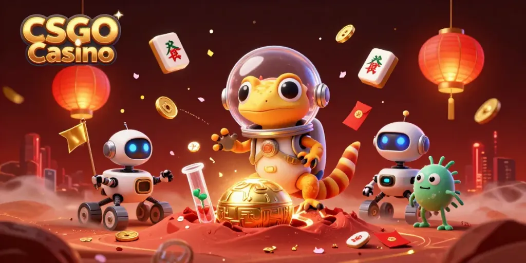 Join the excitement at CSGO Casino with a vibrant scene of a Martian gecko discovering a golden casino.