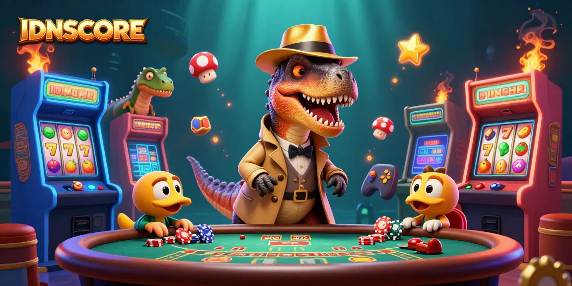Play and win big at IDNSCORE—cartoon velociraptor card counter at the blackjack table.
