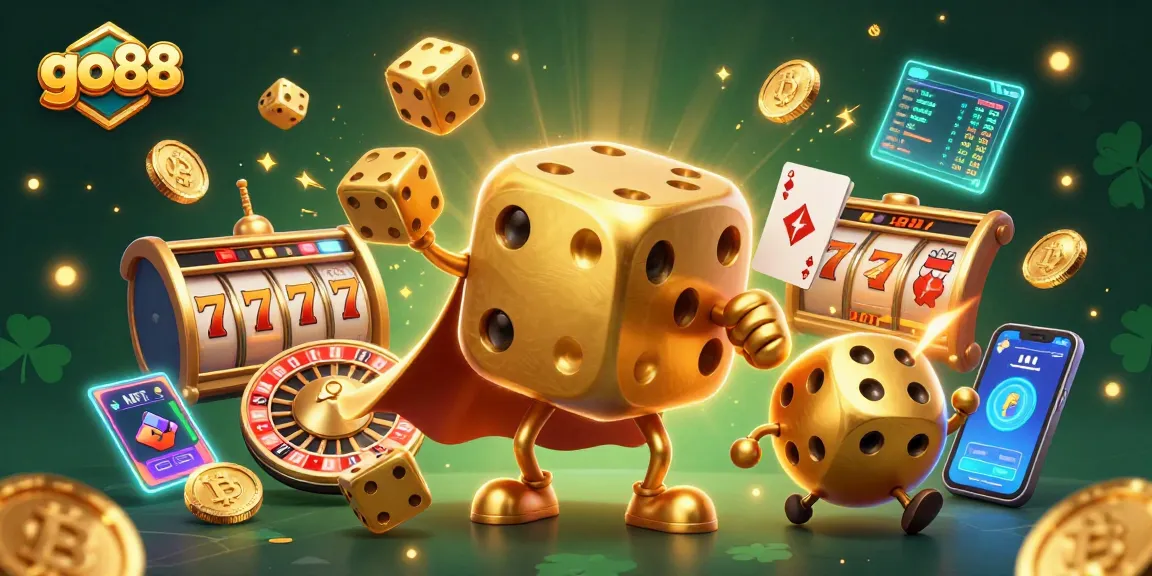 Experience excitement with go88's vibrant casino-themed illustration featuring golden dice, slot reels, and crypto elements.