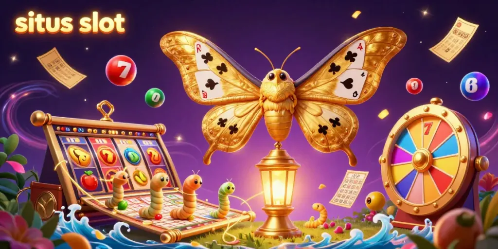 Experience the excitement of situs slot with vibrant slot reels and a majestic moth in a magical 3D scene.
