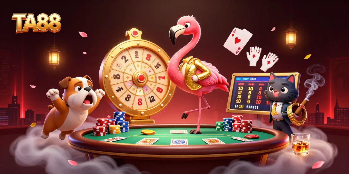 TA88 game show scene with a flamingo host, bulldog contestant, and poker excitement.