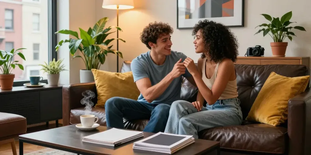 Pasangan muda menikmati momen intim di apartemen modern, menampilkan kehangatan dan gaya hidup romantis, dengan kata kunci bokep di dalam suasana yang menarik.