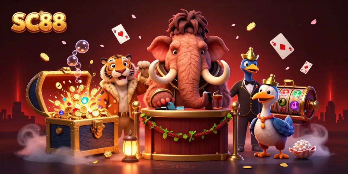 Witness SC88's thrilling gaming experience featuring a woolly mammoth bouncer and vibrant casino elements.