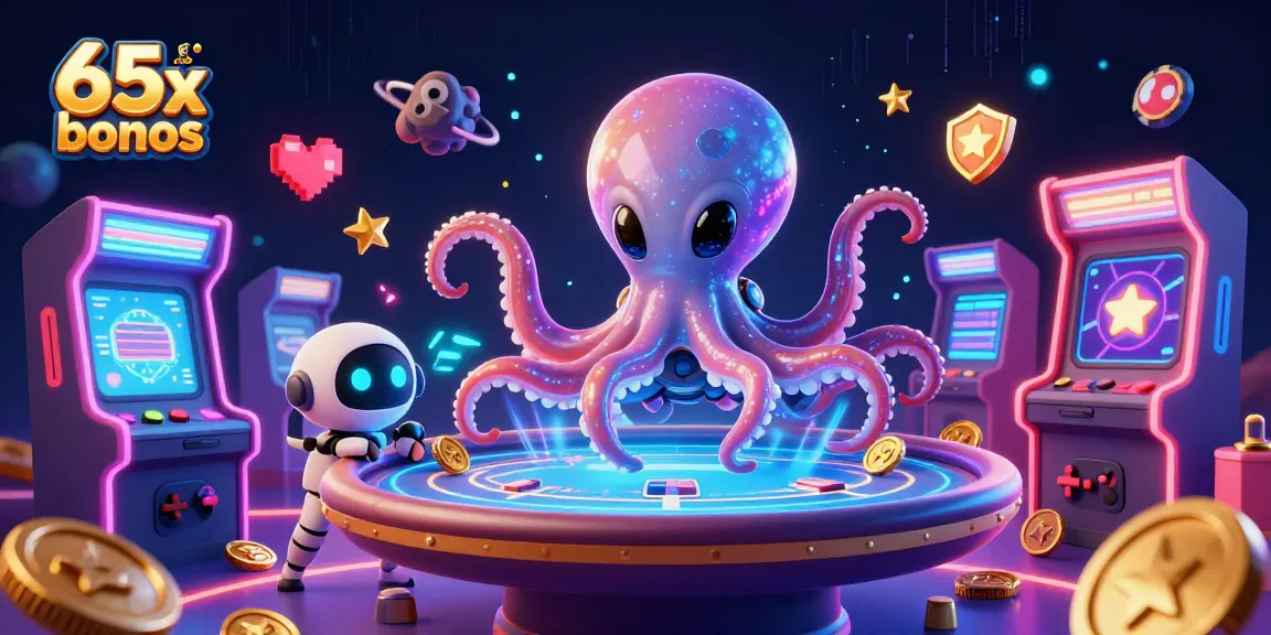 Ilustração 3D do personagem bônus 65x jogando poker em um cassino espacial com robô e fichas orbitando.