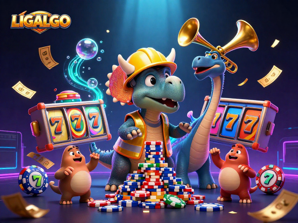 LIGALGO celebrates a vibrant casino scene with a triceratops creating a poker chip pyramid among dynamic gaming elements.