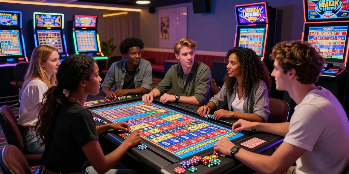 Toto 4D gaming experience with friends around digital lottery terminal in vibrant lounge setting.