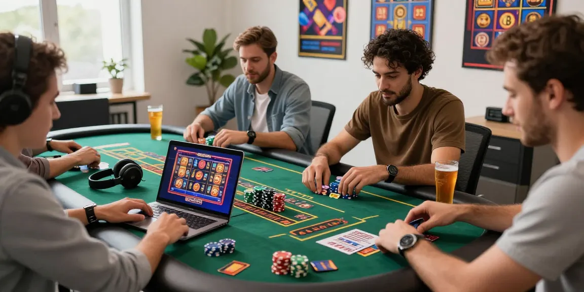 A lively online gaming scene at https://dea.org.uk featuring players engaging with credit card casinos, vibrant games, and casino chips.