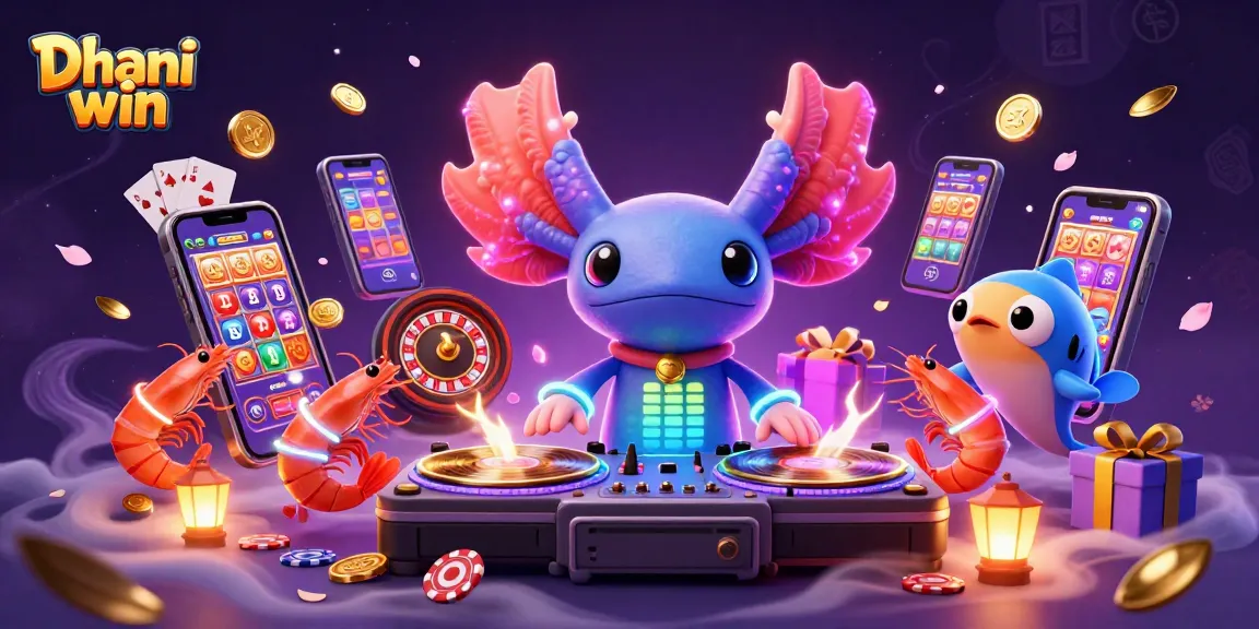 Dive into thrilling action with Dhani win as a vibrant axolotl DJ, surrounded by exciting gaming elements.