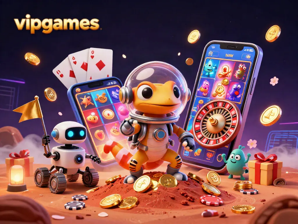 Engage with vipgames, as a Martian gecko explores a golden casino layered in red sand, showcasing thrilling game elements.