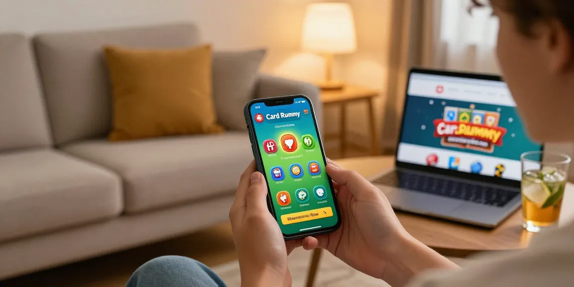 Exciting mobile gaming scene with Card Rummy app link featured on a smartphone, colorful game icons, and a cozy living room atmosphere.