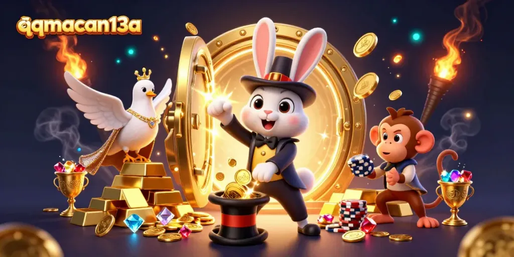 Play and win with qqmacan13a in a magical casino scene featuring gold coins, poker chips, and dazzling gems.