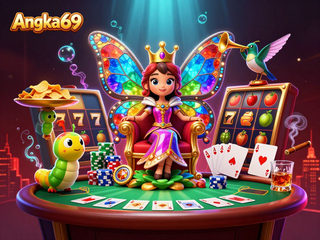 Experience the excitement of Angka69 with its vibrant casino illustration featuring lively characters and game elements.