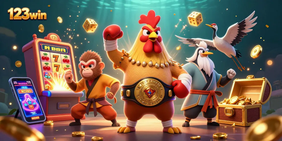 Win big at 123win with a vibrant casino scene featuring jackpot explosions and engaging characters.