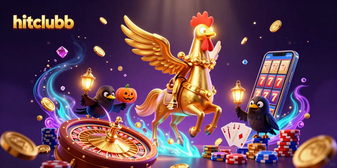 Engage with hitclubb's vibrant casino scene featuring a golden rooster and glowing companions.