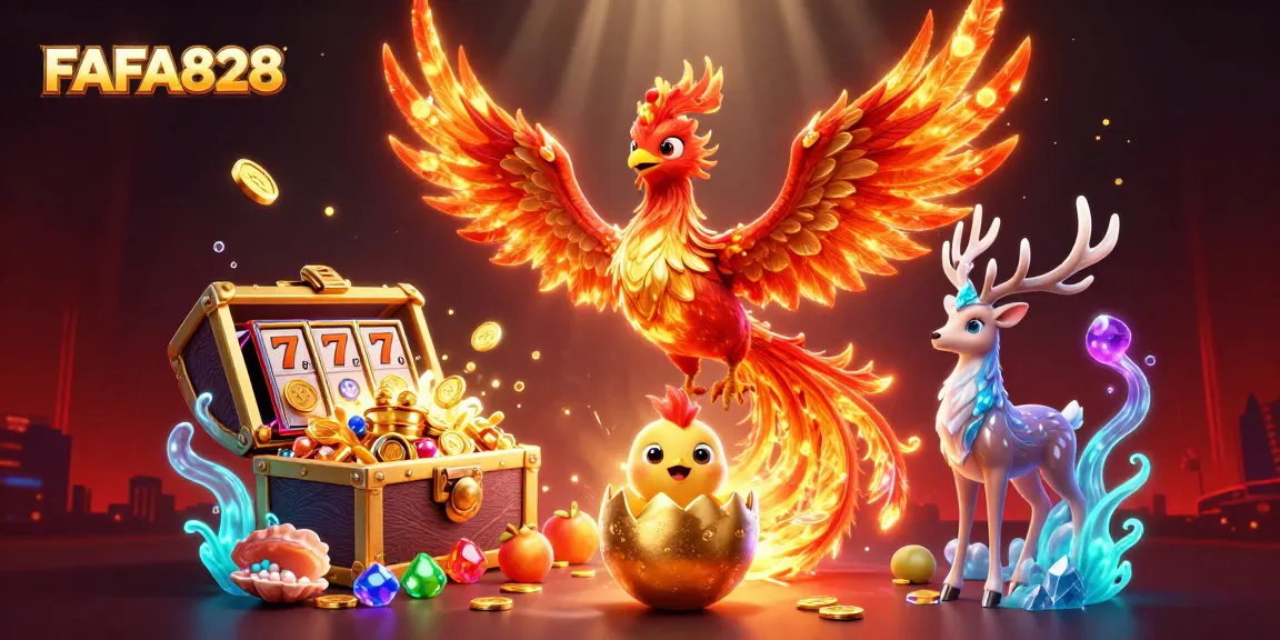 Experience winning dynamics at FAFA828 with a fiery phoenix and vibrant slot symbols!